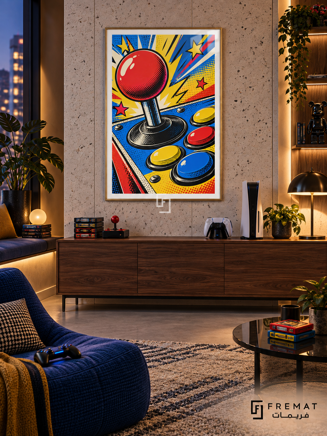 Arcade Pop gaming artwork in a Gold PVC frame with a white printed border, displayed in an evening gaming lounge with a walnut console and blue seating.