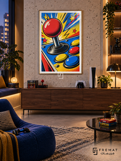 Arcade Pop gaming artwork in a Gold PVC frame with a white printed border, displayed in an evening gaming lounge with a walnut console and blue seating.