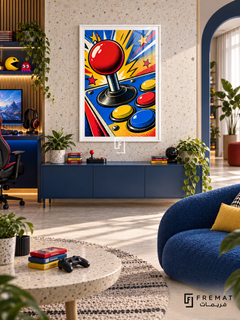 Arcade Pop gaming artwork in a White PVC frame with a white printed border, displayed in a daylight gaming lounge with cabinetry and blue seating.
