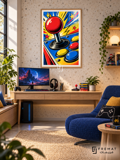 Arcade Pop gaming artwork in a Wooden Texture PVC frame with a white printed border, displayed in a desk gaming nook with pale wood furniture and blue seating.