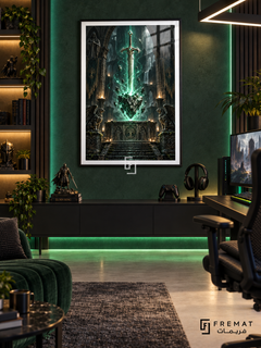 Dungeon Relic gaming artwork in a Black PVC frame with a white printed border, displayed in a gaming lounge with a dark console and deep green seating.