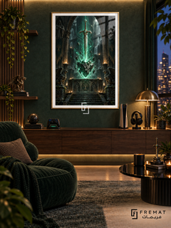 Dungeon Relic gaming artwork in a Gold PVC frame with a white printed border, displayed in an evening gaming lounge with a walnut console and deep green seating.