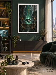 Dungeon Relic gaming artwork in a White PVC frame with a white printed border, displayed in a daylight gaming lounge with cabinetry and deep green seating.