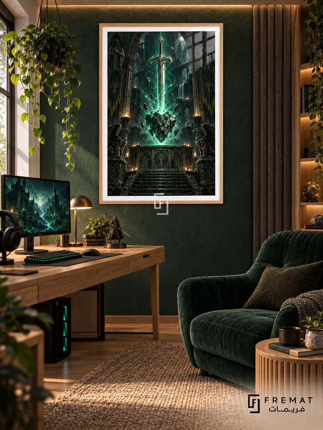 Dungeon Relic gaming artwork in a Wooden Texture PVC frame with a white printed border, displayed in a desk gaming nook with pale wood furniture and deep green seating.