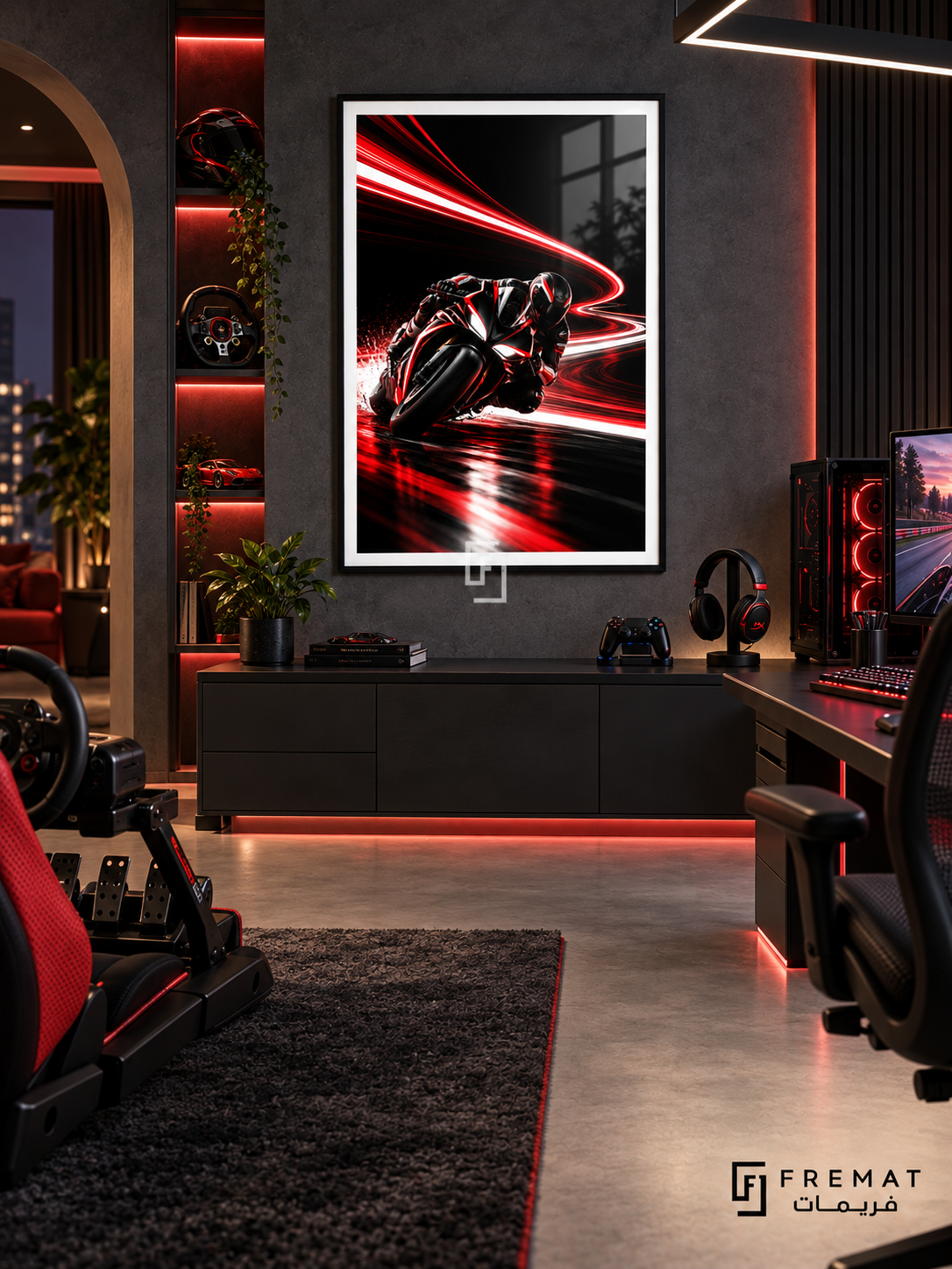 Speed Ghost gaming artwork in a Black PVC frame with a white printed border, displayed in a gaming lounge with a dark console and red seating.