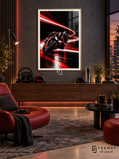 Speed Ghost gaming artwork in a Gold PVC frame with a white printed border, displayed in an evening gaming lounge with a walnut console and red seating.