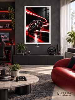 Speed Ghost gaming artwork in a White PVC frame with a white printed border, displayed in a daylight gaming lounge with cabinetry and red seating.