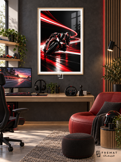 Speed Ghost gaming artwork in a Wooden Texture PVC frame with a white printed border, displayed in a desk gaming nook with pale wood furniture and red seating.