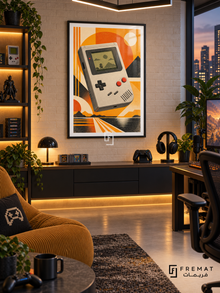 Retro Handheld gaming artwork in a Black PVC frame with a white printed border, displayed in a gaming lounge with a dark console and mustard seating.