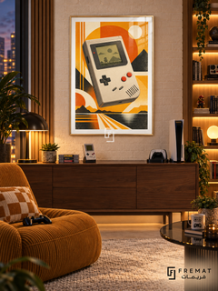 Retro Handheld gaming artwork in a Gold PVC frame with a white printed border, displayed in an evening gaming lounge with a walnut console and mustard seating.