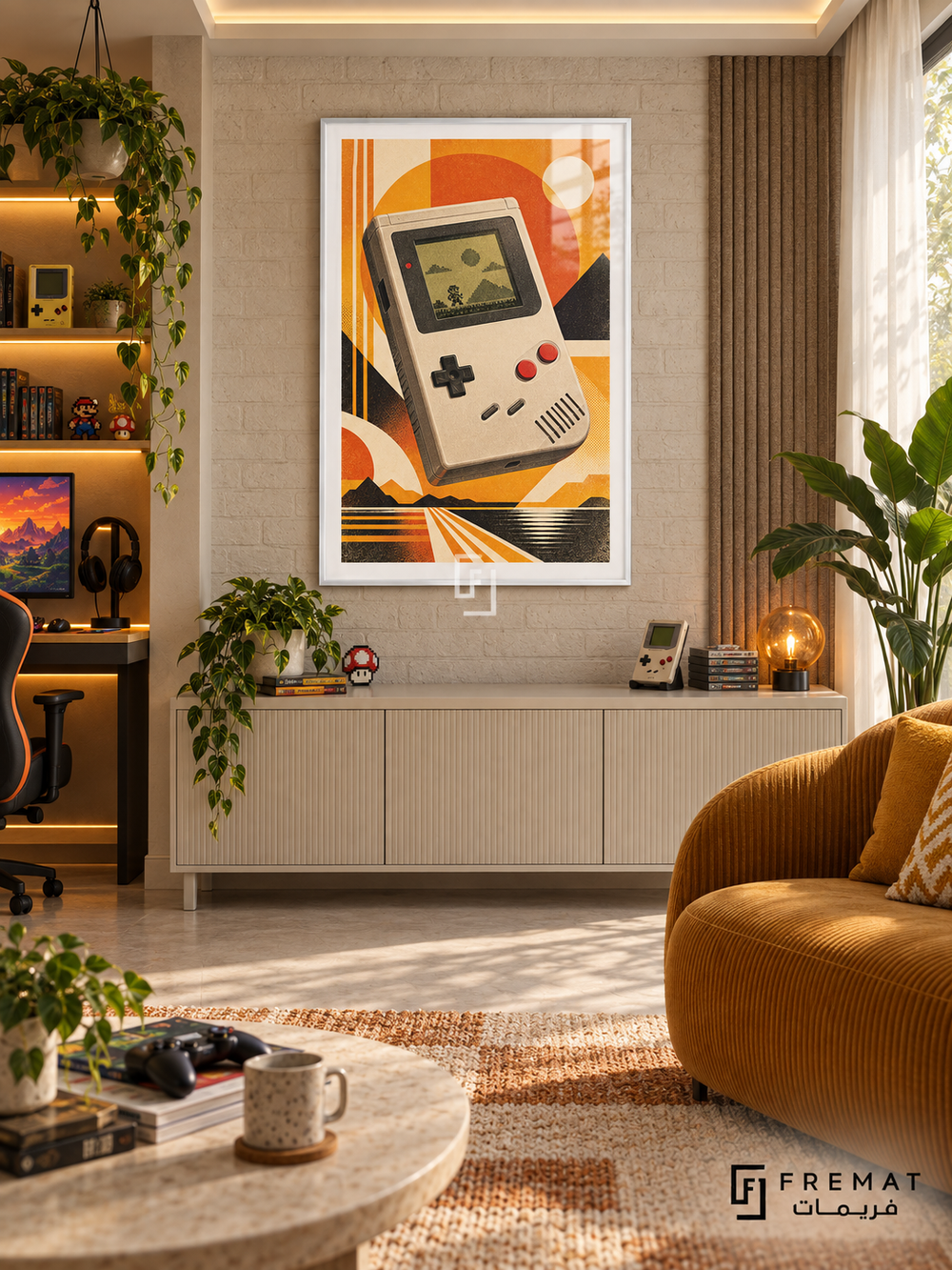 Retro Handheld gaming artwork in a White PVC frame with a white printed border, displayed in a daylight gaming lounge with cabinetry and mustard seating.