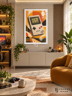 Retro Handheld gaming artwork in a White PVC frame with a white printed border, displayed in a daylight gaming lounge with cabinetry and mustard seating.
