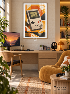 Retro Handheld gaming artwork in a Wooden Texture PVC frame with a white printed border, displayed in a desk gaming nook with pale wood furniture and mustard seating.