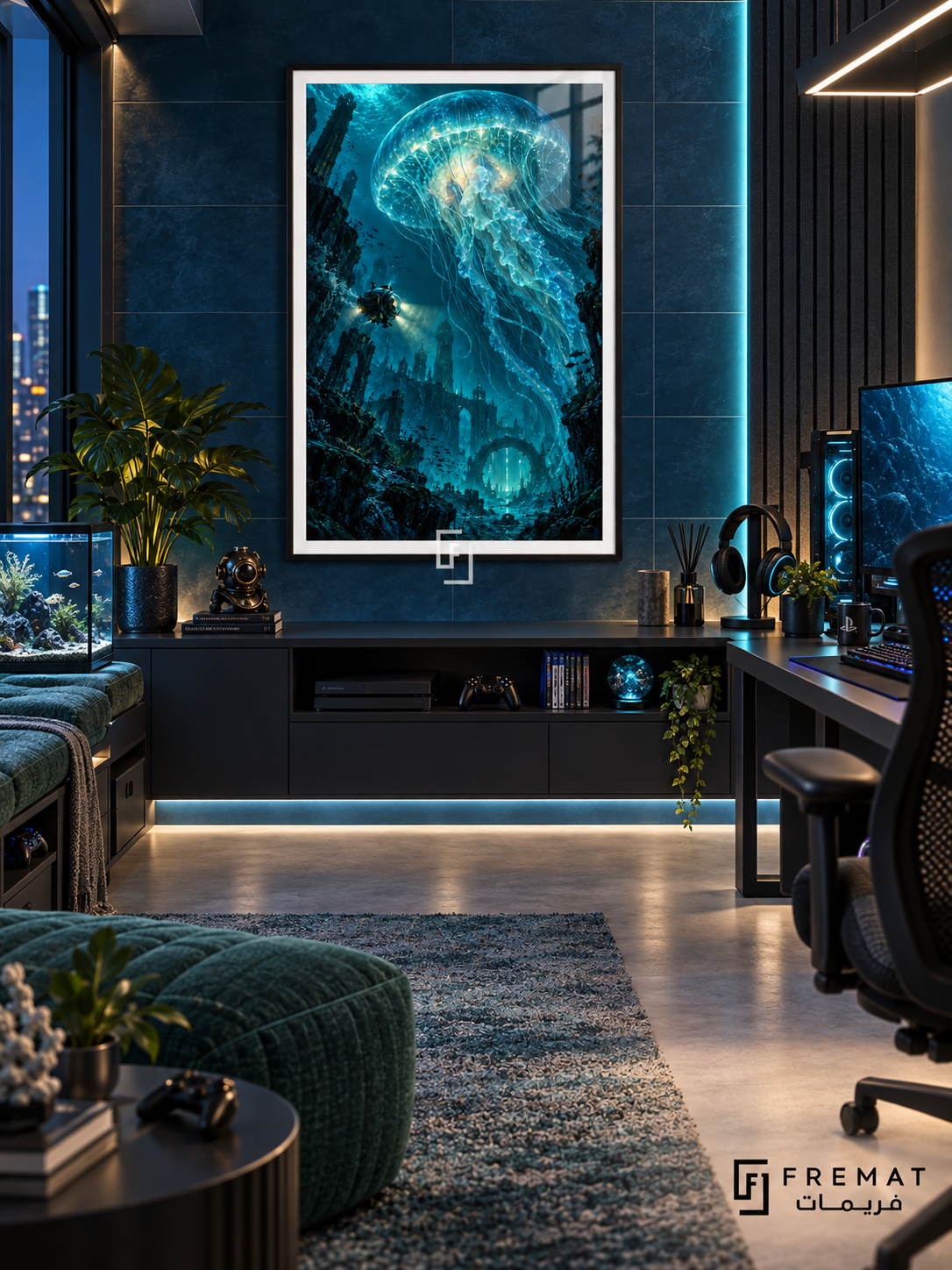 Deep Sea Level gaming artwork in a Black PVC frame with a white printed border, displayed in a gaming lounge with a dark console and teal seating.