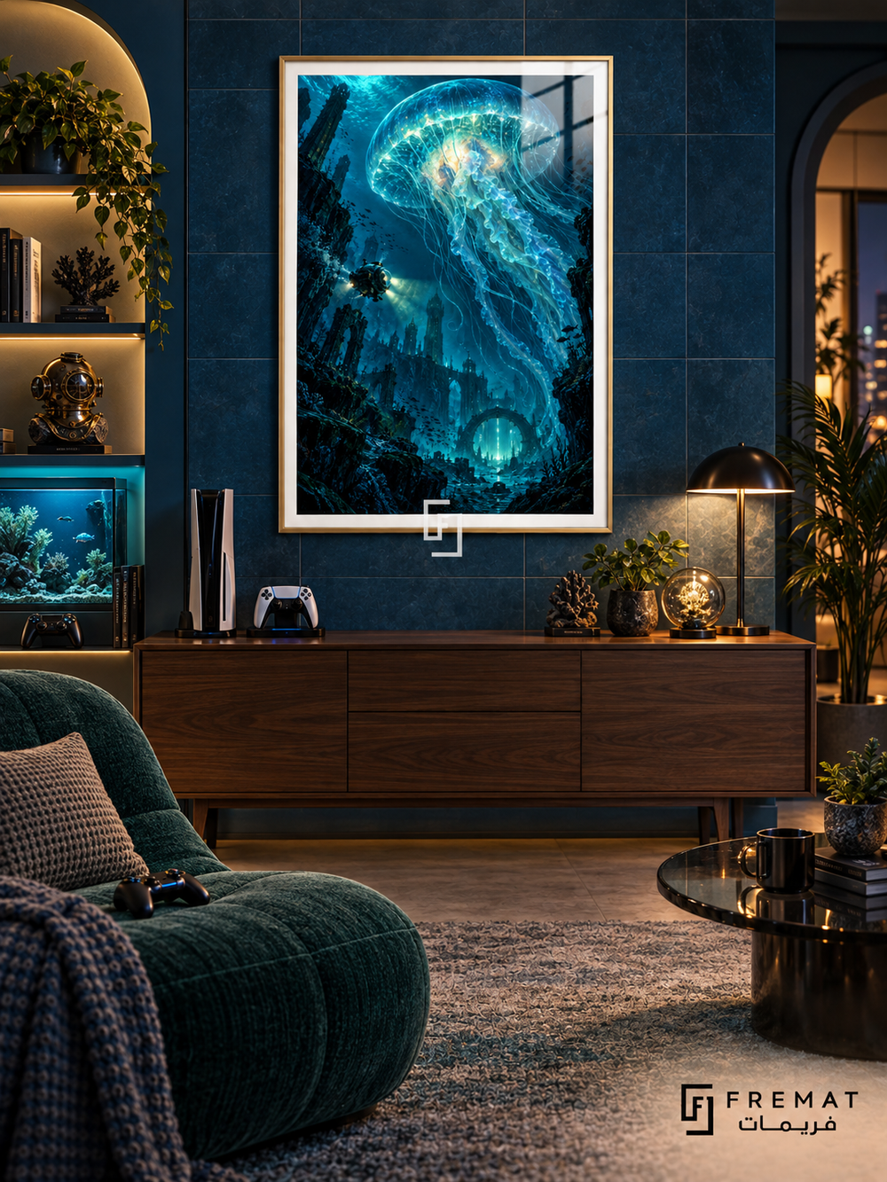 Deep Sea Level gaming artwork in a Gold PVC frame with a white printed border, displayed in an evening gaming lounge with a walnut console and teal seating.