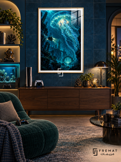 Deep Sea Level gaming artwork in a Gold PVC frame with a white printed border, displayed in an evening gaming lounge with a walnut console and teal seating.
