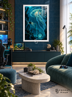 Deep Sea Level gaming artwork in a White PVC frame with a white printed border, displayed in a daylight gaming lounge with cabinetry and teal seating.