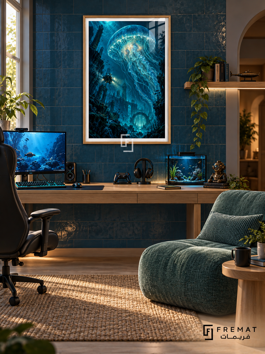 Deep Sea Level gaming artwork in a Wooden Texture PVC frame with a white printed border, displayed in a desk gaming nook with pale wood furniture and teal seating.