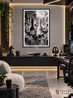 Chess Endgame gaming artwork in a Black PVC frame with a white printed border, displayed in a gaming lounge with a dark console and cream seating.