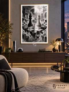 Chess Endgame gaming artwork in a Gold PVC frame with a white printed border, displayed in an evening gaming lounge with a walnut console and cream seating.