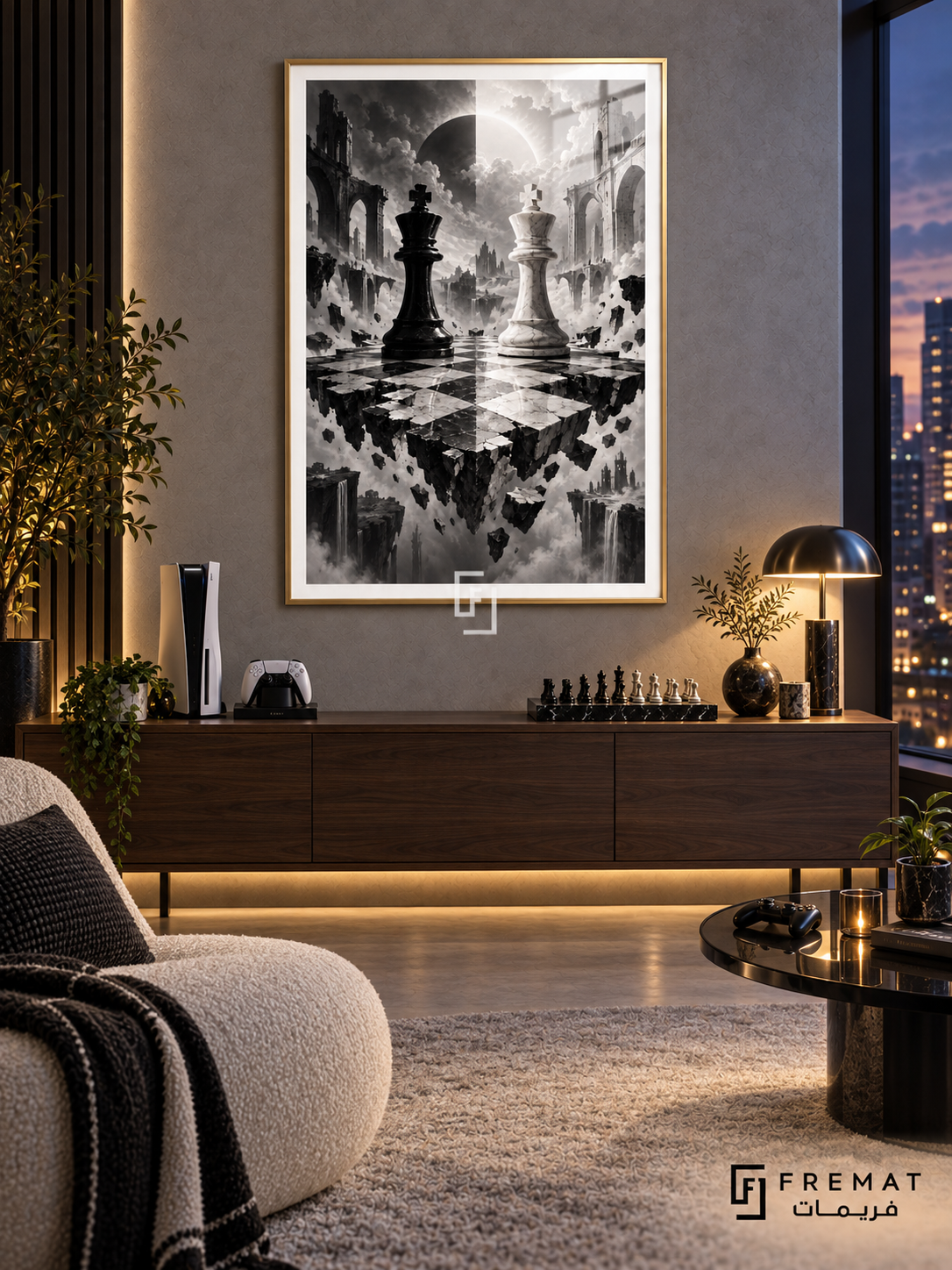 Chess Endgame gaming artwork in a Gold PVC frame with a white printed border, displayed in an evening gaming lounge with a walnut console and cream seating.