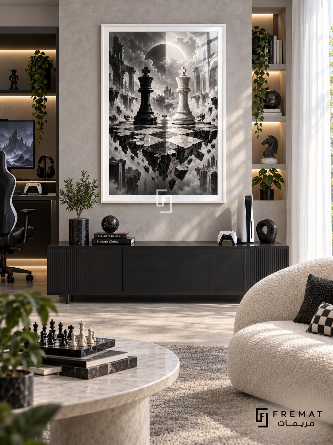 Chess Endgame gaming artwork in a White PVC frame with a white printed border, displayed in a daylight gaming lounge with cabinetry and cream seating.