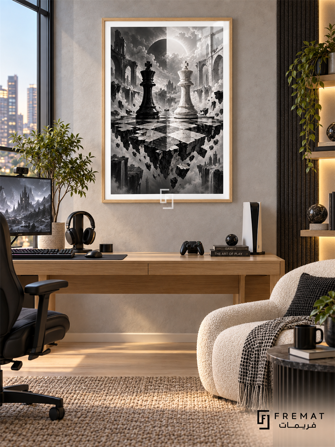 Chess Endgame gaming artwork in a Wooden Texture PVC frame with a white printed border, displayed in a desk gaming nook with pale wood furniture and cream seating.