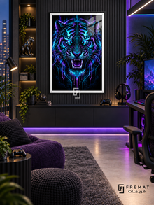 Neon Tiger gaming artwork in a Black PVC frame with a white printed border, displayed in a gaming lounge with a dark console and purple seating.