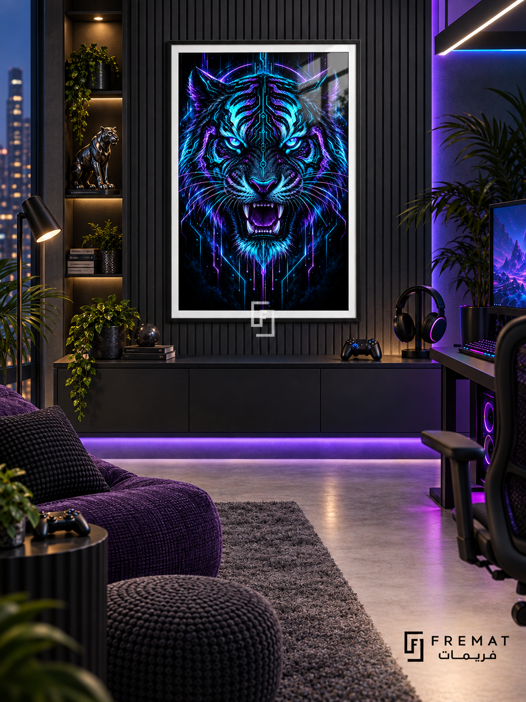 Neon Tiger gaming artwork in a Black PVC frame with a white printed border, displayed in a gaming lounge with a dark console and purple seating.