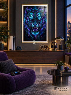 Neon Tiger gaming artwork in a Gold PVC frame with a white printed border, displayed in an evening gaming lounge with a walnut console and purple seating.