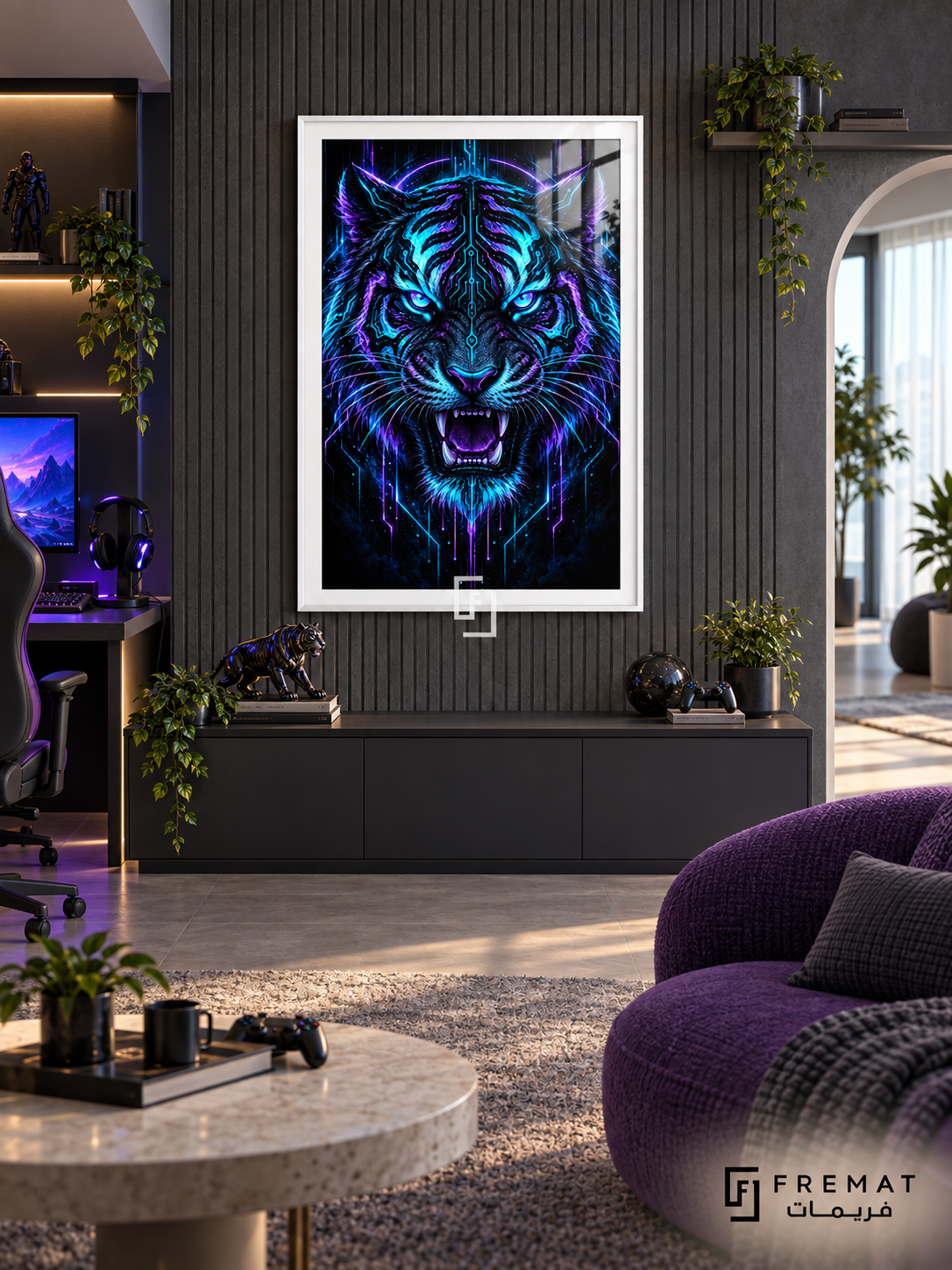 Neon Tiger gaming artwork in a White PVC frame with a white printed border, displayed in a daylight gaming lounge with cabinetry and purple seating.