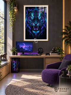 Neon Tiger gaming artwork in a Wooden Texture PVC frame with a white printed border, displayed in a desk gaming nook with pale wood furniture and purple seating.