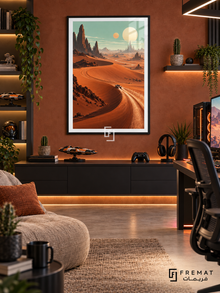 Desert Speedrun gaming artwork in a Black PVC frame with a white printed border, displayed in a gaming lounge with a dark console and beige seating.