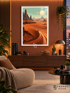Desert Speedrun gaming artwork in a Gold PVC frame with a white printed border, displayed in an evening gaming lounge with a walnut console and beige seating.