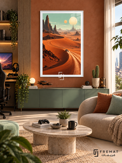 Desert Speedrun gaming artwork in a White PVC frame with a white printed border, displayed in a daylight gaming lounge with cabinetry and beige seating.