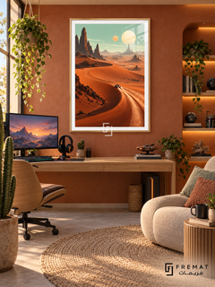 Desert Speedrun gaming artwork in a Wooden Texture PVC frame with a white printed border, displayed in a desk gaming nook with pale wood furniture and beige seating.