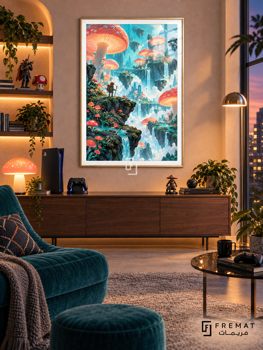 Mushroom World gaming artwork in a Gold PVC frame with a white printed border, displayed in an evening gaming lounge with a walnut console and teal seating.