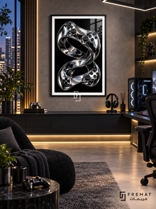 Chrome Controller gaming artwork in a Black PVC frame with a white printed border, displayed in a gaming lounge with a dark console and black seating.