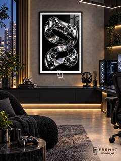 Chrome Controller gaming artwork in a Black PVC frame with a white printed border, displayed in a gaming lounge with a dark console and black seating.