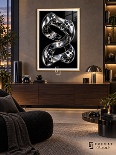 Chrome Controller gaming artwork in a Gold PVC frame with a white printed border, displayed in an evening gaming lounge with a walnut console and black seating.
