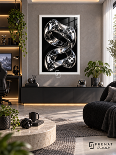 Chrome Controller gaming artwork in a White PVC frame with a white printed border, displayed in a daylight gaming lounge with cabinetry and black seating.