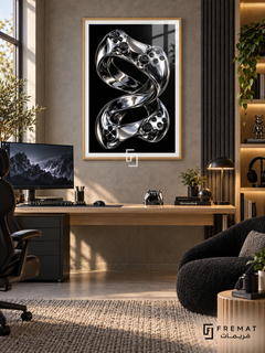 Chrome Controller gaming artwork in a Wooden Texture PVC frame with a white printed border, displayed in a desk gaming nook with pale wood furniture and black seating.