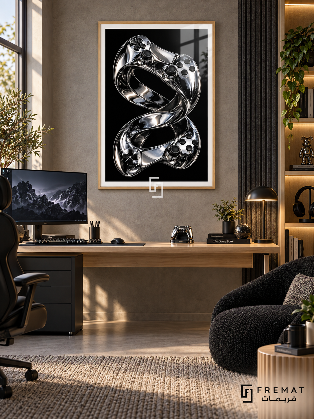 Chrome Controller gaming artwork in a Wooden Texture PVC frame with a white printed border, displayed in a desk gaming nook with pale wood furniture and black seating.