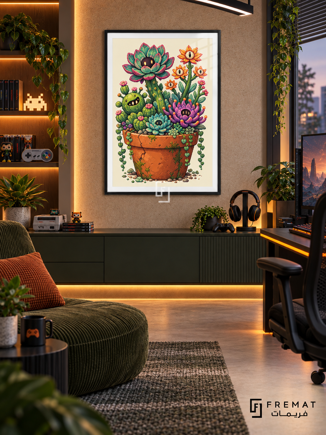 Alien Garden gaming artwork in a Black PVC frame with a white printed border, displayed in a gaming lounge with a dark console and olive green seating.