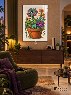 Alien Garden gaming artwork in a Gold PVC frame with a white printed border, displayed in an evening gaming lounge with a walnut console and olive green seating.