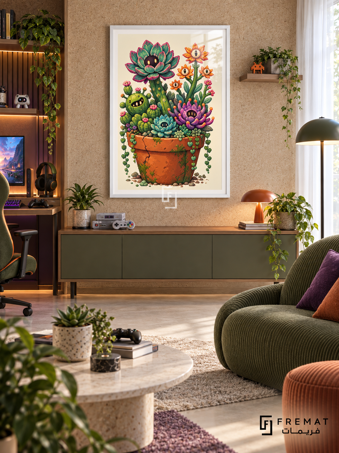 Alien Garden gaming artwork in a White PVC frame with a white printed border, displayed in a daylight gaming lounge with cabinetry and olive green seating.