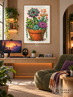 Alien Garden gaming artwork in a Wooden Texture PVC frame with a white printed border, displayed in a desk gaming nook with pale wood furniture and olive green seating.
