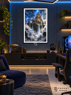 Storm Citadel gaming artwork in a Black PVC frame with a white printed border, displayed in a gaming lounge with a dark console and navy blue seating.