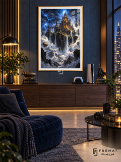 Storm Citadel gaming artwork in a Gold PVC frame with a white printed border, displayed in an evening gaming lounge with a walnut console and navy blue seating.