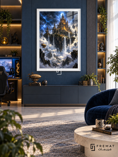 Storm Citadel gaming artwork in a White PVC frame with a white printed border, displayed in a daylight gaming lounge with cabinetry and navy blue seating.